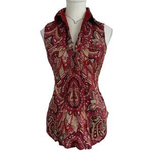 Le Linh Fashion Red Paisley 90s Vintage Collard Sleeveless Blouse Fitted Size S